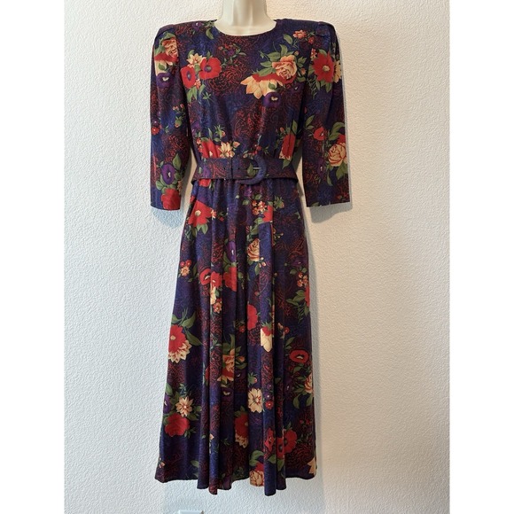 Dresses & Skirts - Vintage 90s Cottagecore Midi Dress Pockets Belted Sz 8 Moody Floral Fairy‎